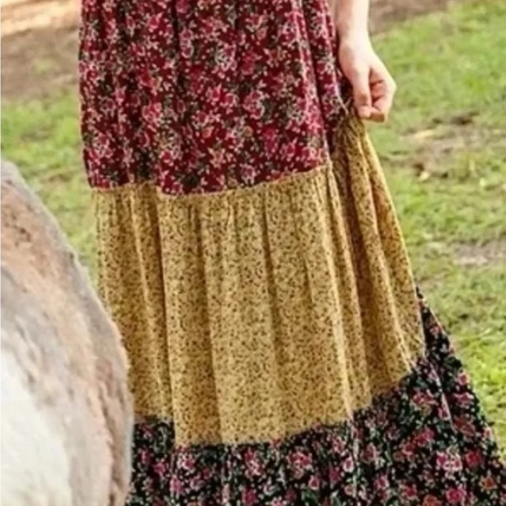 NATURAL LIFE Kaia Floral Patchwork tiered peasant prairie flowy Maxi Dress Med - Picture 2 of 9